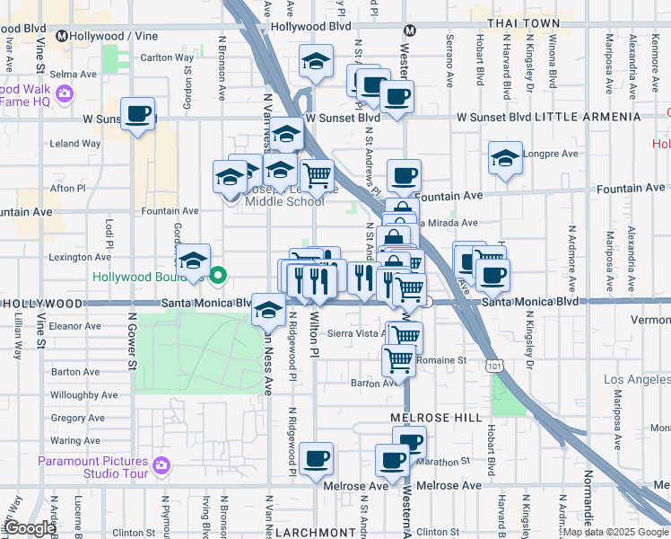 map of restaurants, bars, coffee shops, grocery stores, and more near 5647 Virginia Avenue in Los Angeles