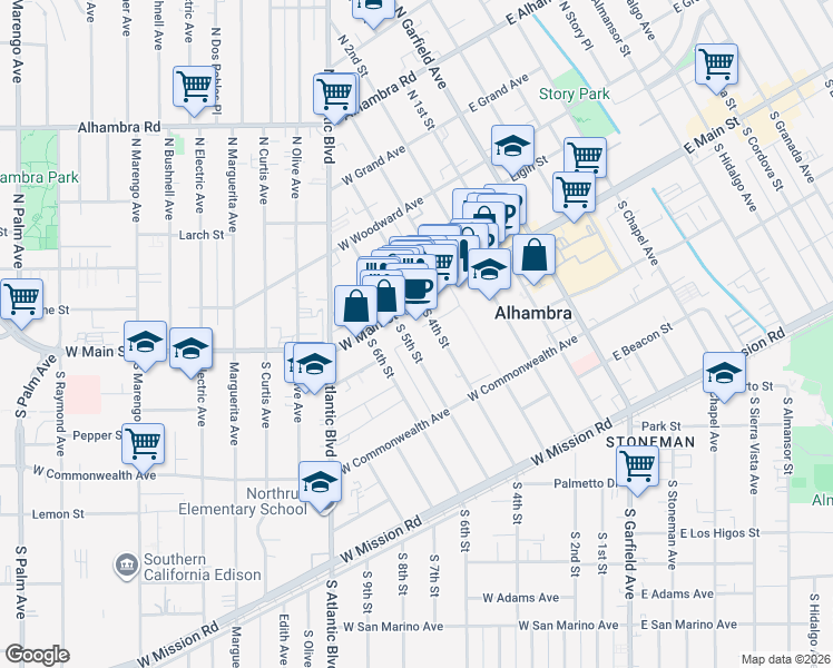 map of restaurants, bars, coffee shops, grocery stores, and more near 58 South 5th Street in Alhambra