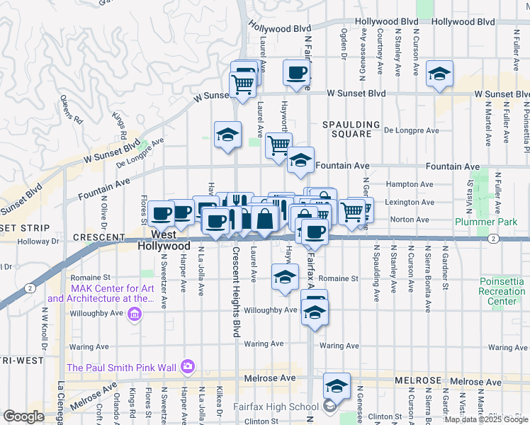 map of restaurants, bars, coffee shops, grocery stores, and more near 1200 North Laurel Avenue in West Hollywood