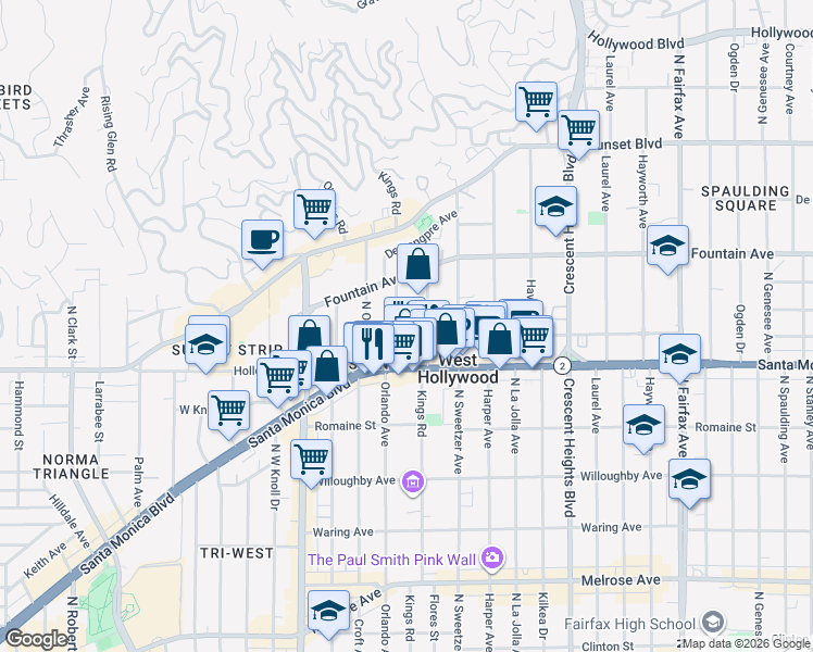 map of restaurants, bars, coffee shops, grocery stores, and more near 1210 Kings Road in West Hollywood