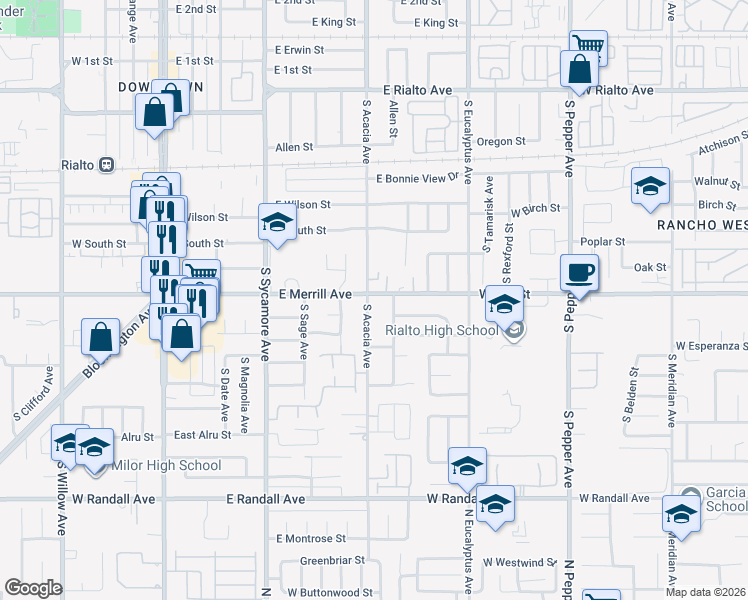 map of restaurants, bars, coffee shops, grocery stores, and more near 513 East Merrill Avenue in Rialto