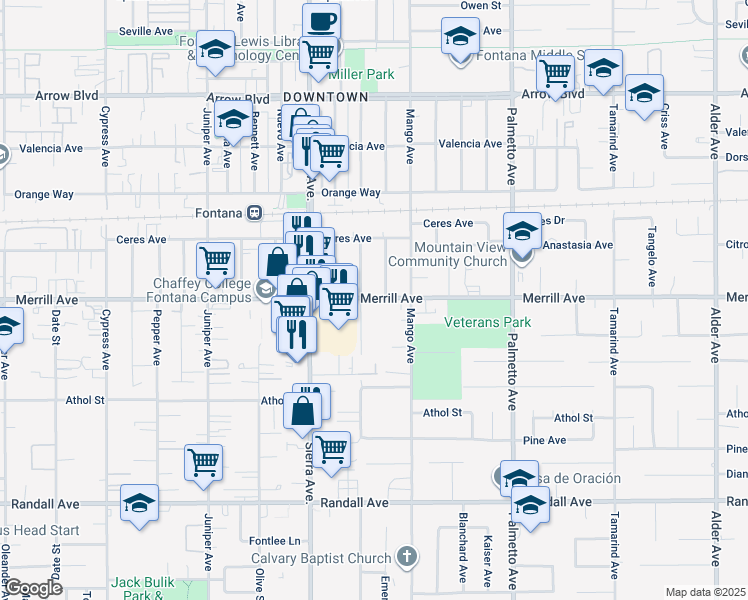 map of restaurants, bars, coffee shops, grocery stores, and more near 17015 Merrill Avenue in Fontana