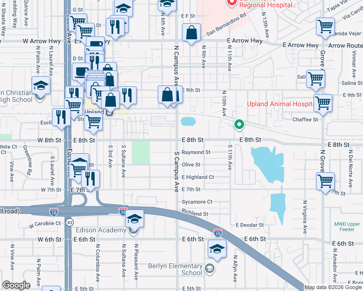 map of restaurants, bars, coffee shops, grocery stores, and more near 779 Raymond Street in Upland