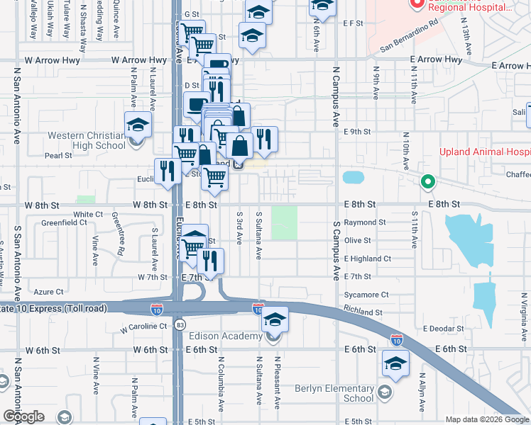 map of restaurants, bars, coffee shops, grocery stores, and more near 221 South Sultana Avenue in Upland
