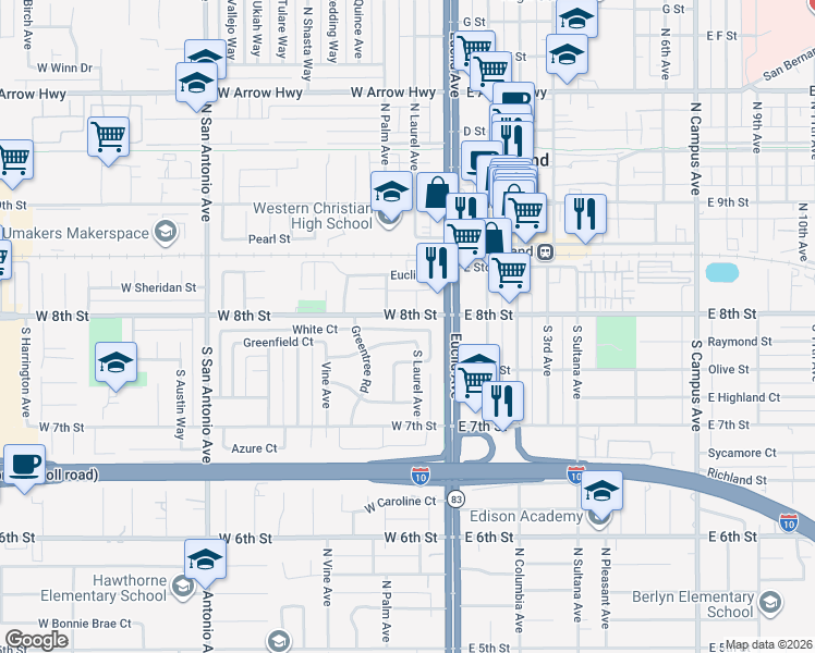 map of restaurants, bars, coffee shops, grocery stores, and more near 79 Elizabeth Lane in Upland