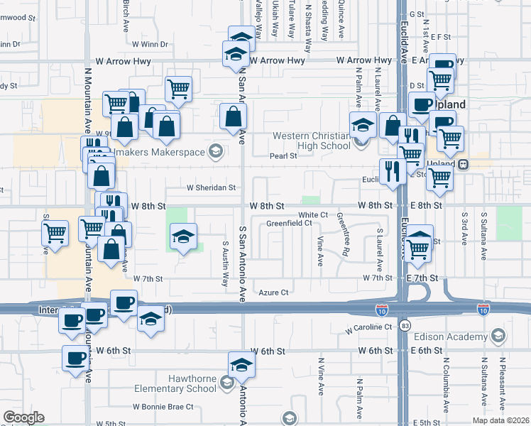 map of restaurants, bars, coffee shops, grocery stores, and more near 740 West 8th Street in Upland