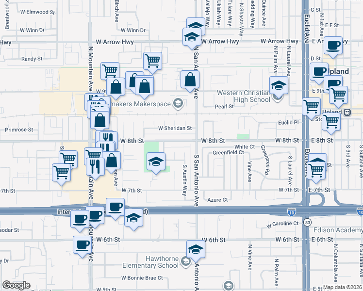 map of restaurants, bars, coffee shops, grocery stores, and more near 834 West 8th Street in Upland