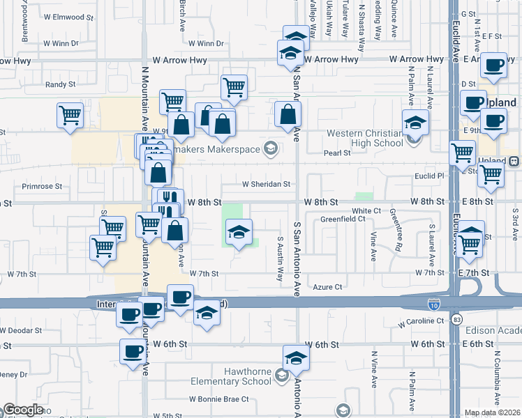 map of restaurants, bars, coffee shops, grocery stores, and more near 896 West 8th Street in Upland