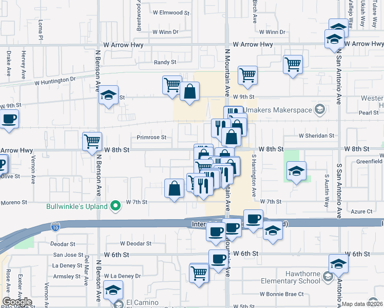 map of restaurants, bars, coffee shops, grocery stores, and more near 1328 West 8th Street in Upland