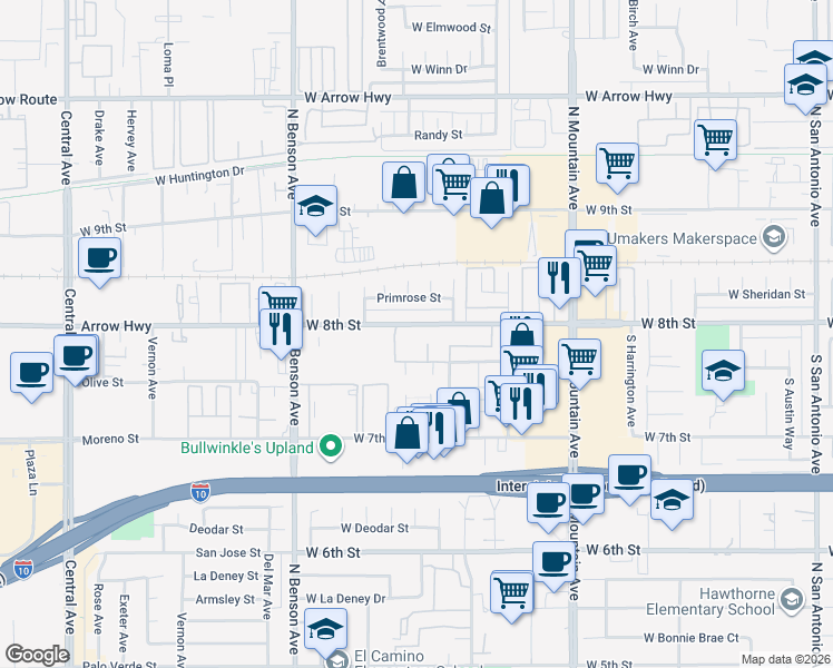 map of restaurants, bars, coffee shops, grocery stores, and more near 1438 West 8th Street in Upland