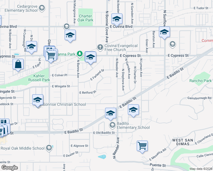 map of restaurants, bars, coffee shops, grocery stores, and more near 1706 East Wingate Street in Covina