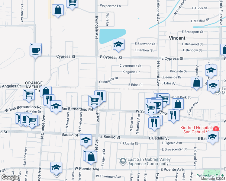 map of restaurants, bars, coffee shops, grocery stores, and more near 16103 East Ballentine Place in Covina
