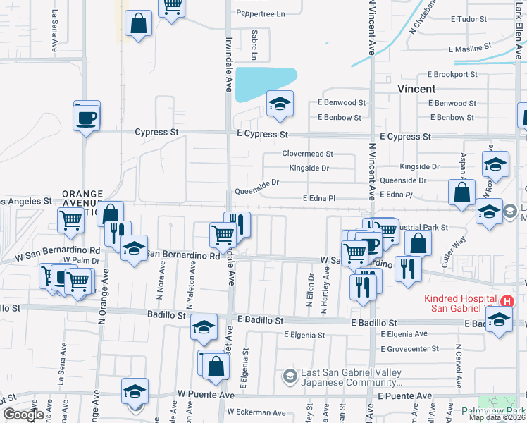 map of restaurants, bars, coffee shops, grocery stores, and more near 16103 East Ballentine Place in Covina