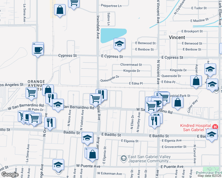 map of restaurants, bars, coffee shops, grocery stores, and more near 16039 East Ballentine Place in Covina