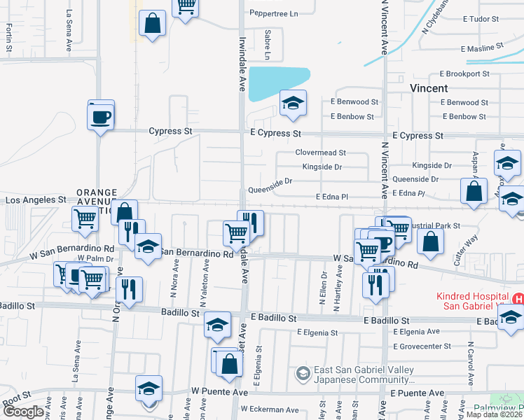 map of restaurants, bars, coffee shops, grocery stores, and more near 16039 East Ballentine Place in Covina