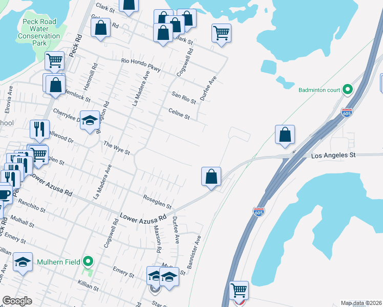 map of restaurants, bars, coffee shops, grocery stores, and more near 5127 Durfee Avenue in El Monte