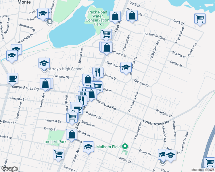 map of restaurants, bars, coffee shops, grocery stores, and more near 11641 Roseglen Street in El Monte