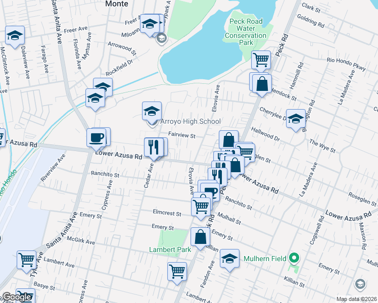 map of restaurants, bars, coffee shops, grocery stores, and more near 11419 Lower Azusa Road in El Monte
