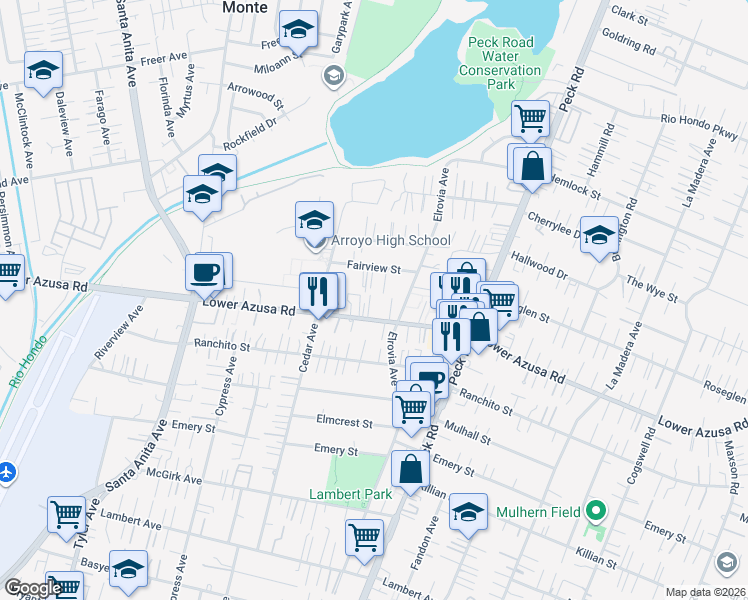 map of restaurants, bars, coffee shops, grocery stores, and more near 11419 Lower Azusa Road in El Monte