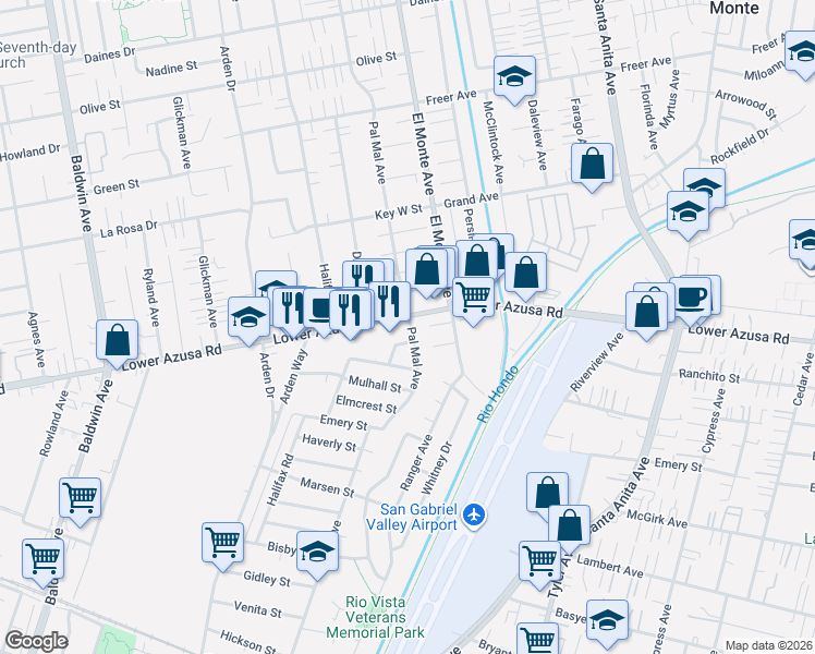 map of restaurants, bars, coffee shops, grocery stores, and more near 10665 Douglas Street in El Monte