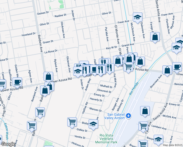 map of restaurants, bars, coffee shops, grocery stores, and more near 10405 Lower Azusa Road in Temple City