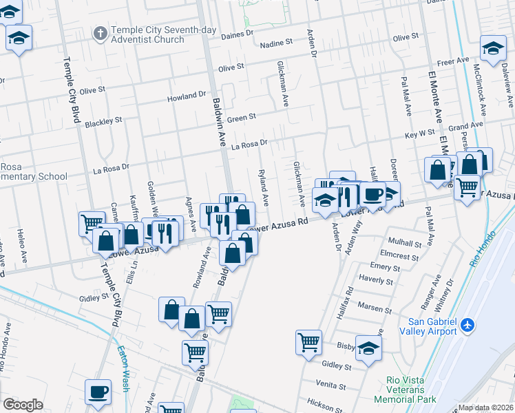 map of restaurants, bars, coffee shops, grocery stores, and more near 4835 Ryland Avenue in Temple City