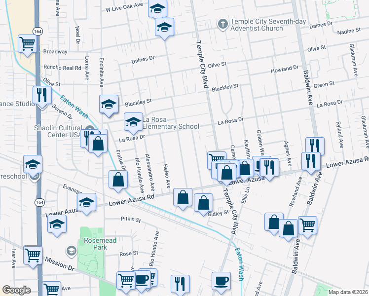 map of restaurants, bars, coffee shops, grocery stores, and more near 4942 Cloverly Avenue in Temple City