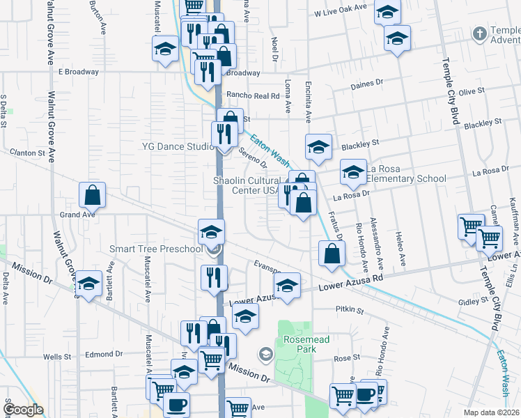map of restaurants, bars, coffee shops, grocery stores, and more near 5053 Sereno Drive in Temple City