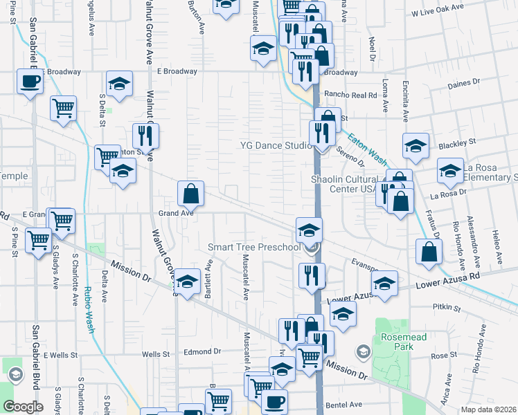 map of restaurants, bars, coffee shops, grocery stores, and more near 8816 East Littlestone Drive in San Gabriel