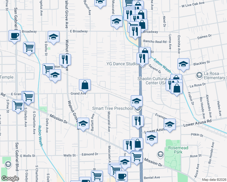 map of restaurants, bars, coffee shops, grocery stores, and more near 8816 East Littlestone Drive in San Gabriel