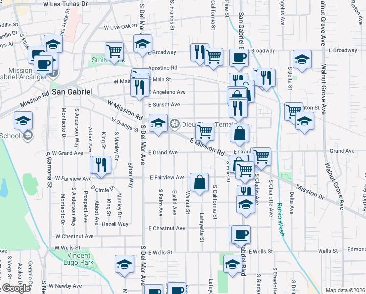 map of restaurants, bars, coffee shops, grocery stores, and more near 317 East Grand Avenue in San Gabriel