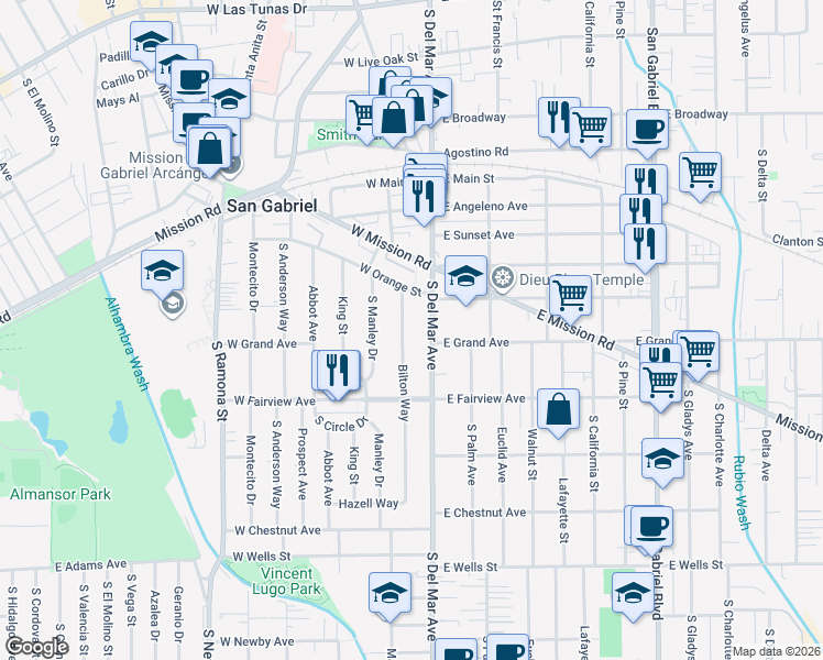 map of restaurants, bars, coffee shops, grocery stores, and more near 825 Bilton Way in San Gabriel
