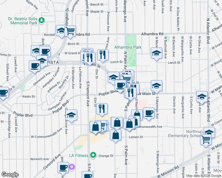map of restaurants, bars, coffee shops, grocery stores, and more near 128 South Primrose Avenue in Alhambra