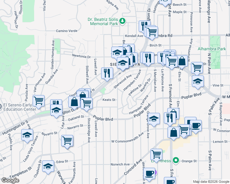 map of restaurants, bars, coffee shops, grocery stores, and more near 73 Westmont Drive in Alhambra