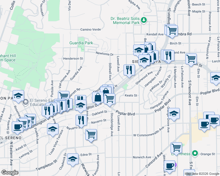 map of restaurants, bars, coffee shops, grocery stores, and more near 5361 Huntington Drive North in Los Angeles