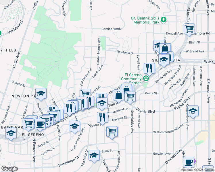 map of restaurants, bars, coffee shops, grocery stores, and more near 4052 Barrett Road in Los Angeles