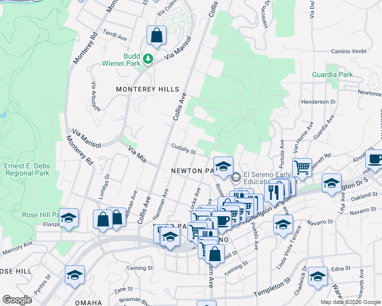 map of restaurants, bars, coffee shops, grocery stores, and more near 3846 Harriman Avenue in Los Angeles