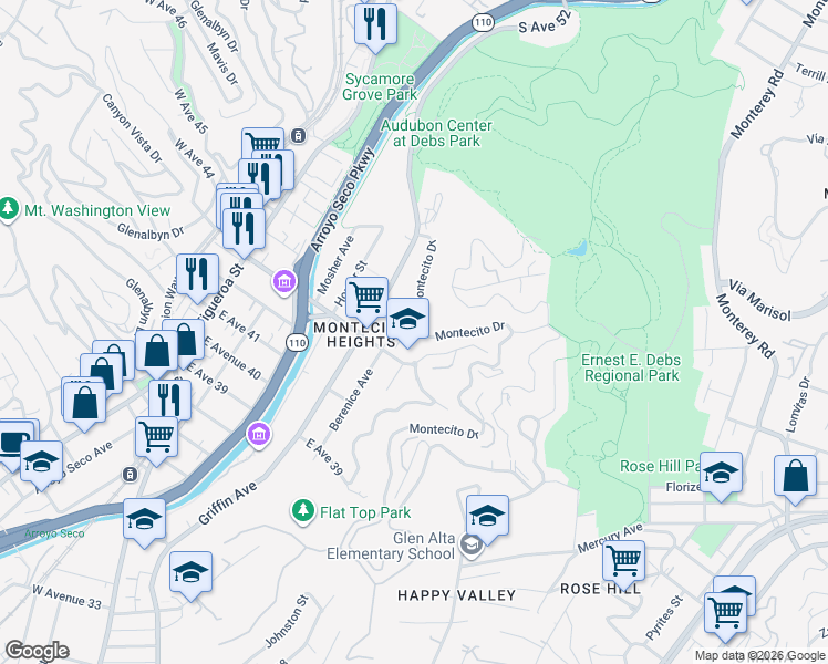 map of restaurants, bars, coffee shops, grocery stores, and more near 535 Montecito Drive in Los Angeles