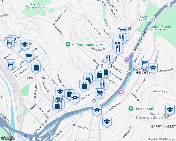 map of restaurants, bars, coffee shops, grocery stores, and more near 3869 Glenalbyn Drive in Los Angeles