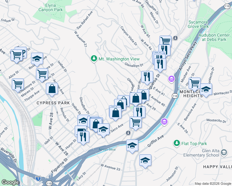map of restaurants, bars, coffee shops, grocery stores, and more near 451 Del Norte Street in Los Angeles