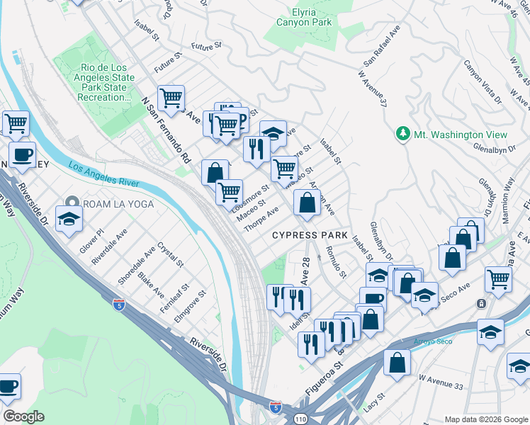 map of restaurants, bars, coffee shops, grocery stores, and more near 2670 Thorpe Avenue in Los Angeles