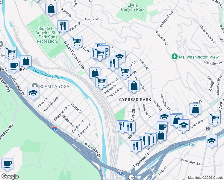 map of restaurants, bars, coffee shops, grocery stores, and more near 2634 Maceo Street in Los Angeles