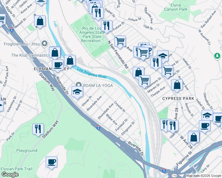 map of restaurants, bars, coffee shops, grocery stores, and more near 2428 Riverdale Avenue in Los Angeles