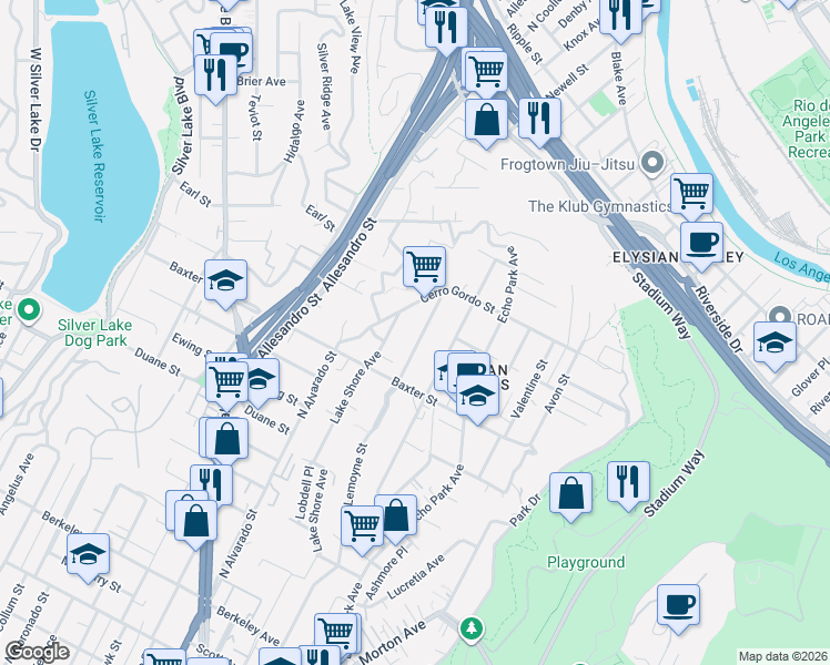 map of restaurants, bars, coffee shops, grocery stores, and more near 2148 Lake Shore Avenue in Los Angeles