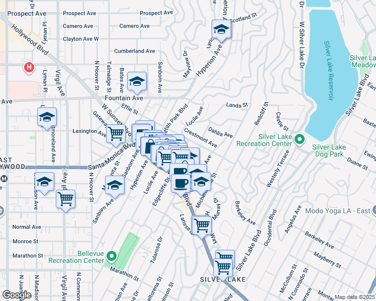 map of restaurants, bars, coffee shops, grocery stores, and more near 1644 Edgecliffe Drive in Los Angeles