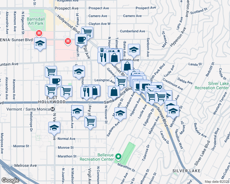 map of restaurants, bars, coffee shops, grocery stores, and more near 4225 Del Mar Avenue in Los Angeles