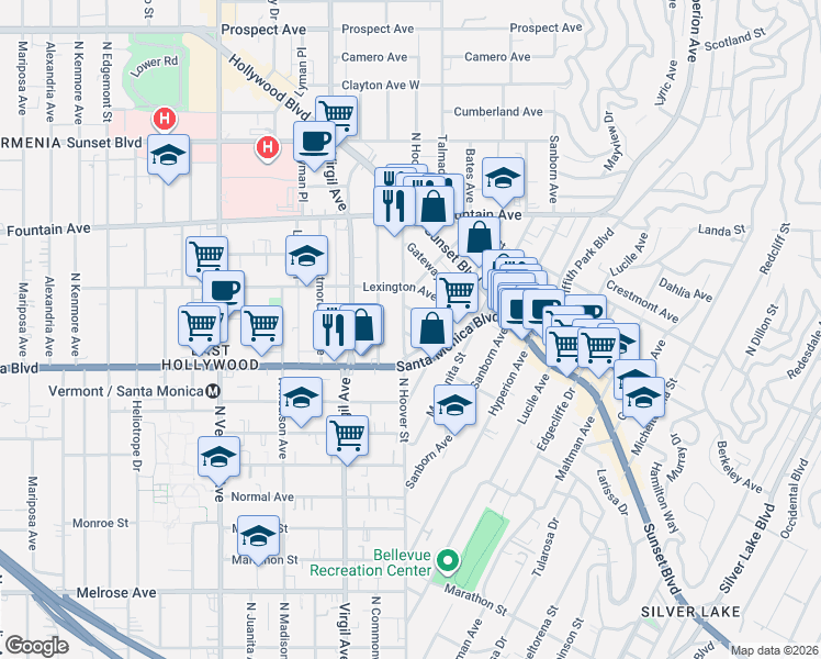 map of restaurants, bars, coffee shops, grocery stores, and more near 4225 Del Mar Avenue in Los Angeles