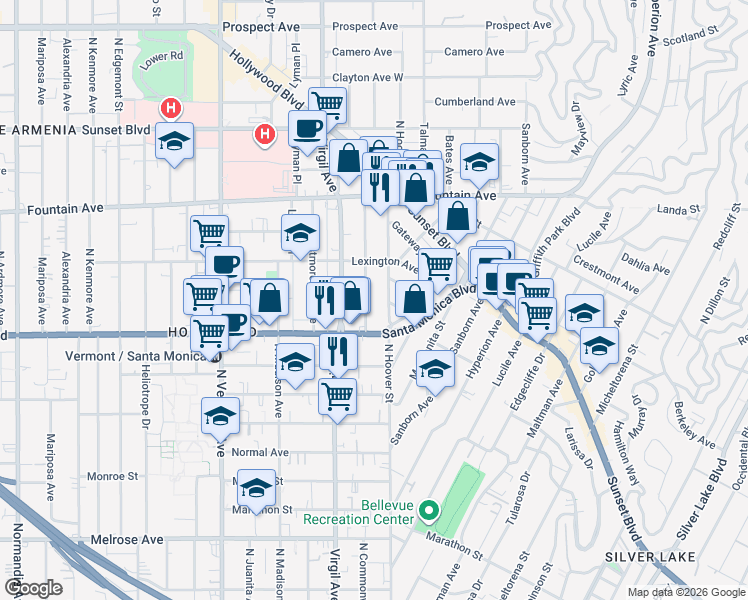 map of restaurants, bars, coffee shops, grocery stores, and more near 1138 North Commonwealth Avenue in Los Angeles