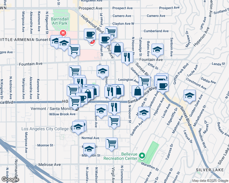map of restaurants, bars, coffee shops, grocery stores, and more near 1139 North Virgil Avenue in Los Angeles