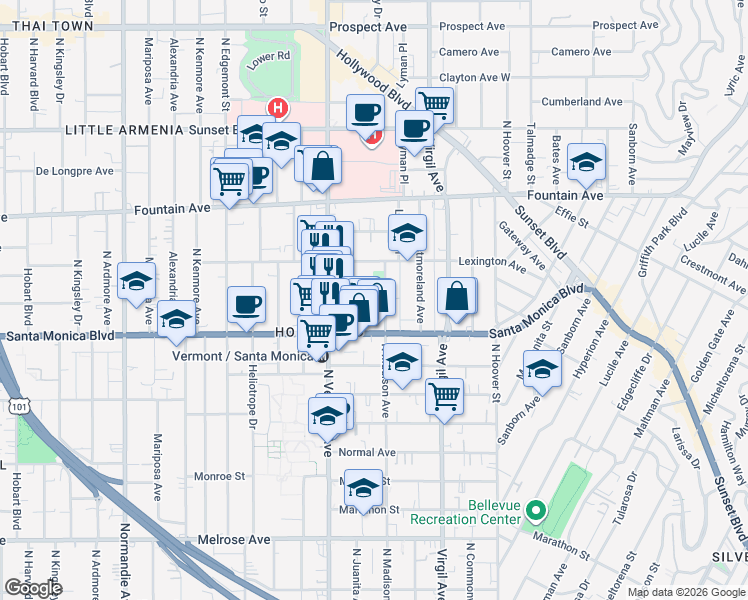 map of restaurants, bars, coffee shops, grocery stores, and more near 1145 North Madison Avenue in Los Angeles